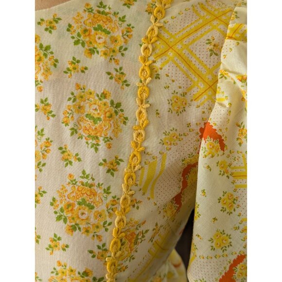 Vintage Handmade Dress 60s 70s Women's Yellow Cotton Blend Floral A Line Mod XS - Picture 5 of 9
